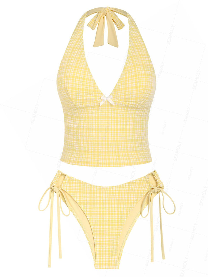 Seamolly Plaid Bowknot Lace Up Back Halter Tankini Set