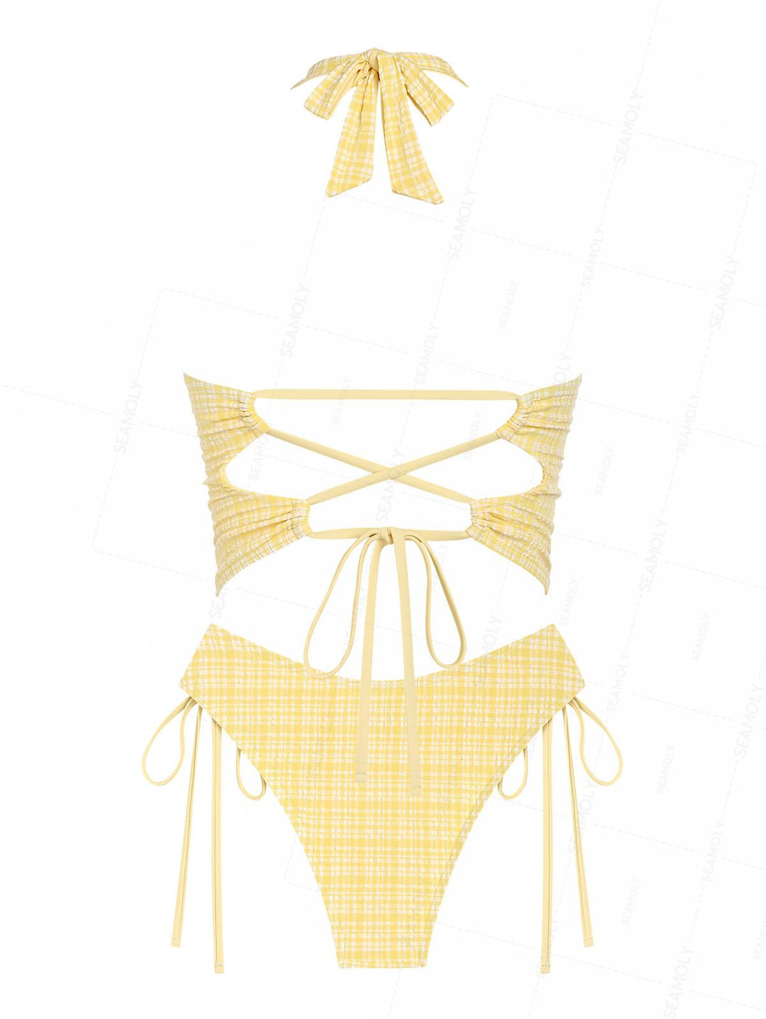 Seamolly Plaid Bowknot Lace Up Back Halter Tankini Set