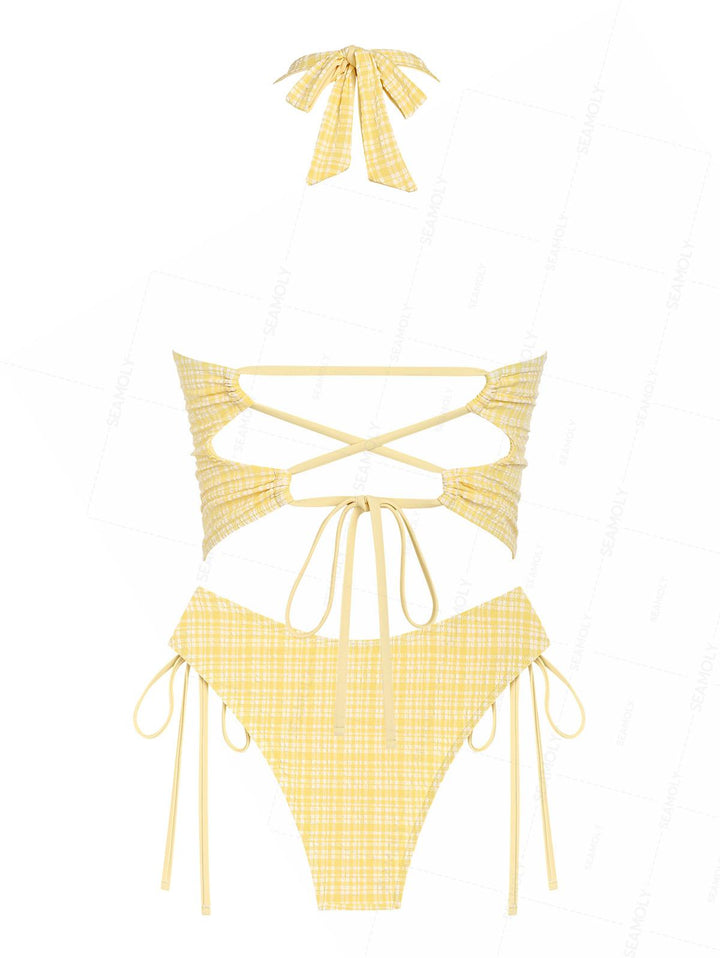 Seamolly Plaid Bowknot Lace Up Back Halter Tankini Set