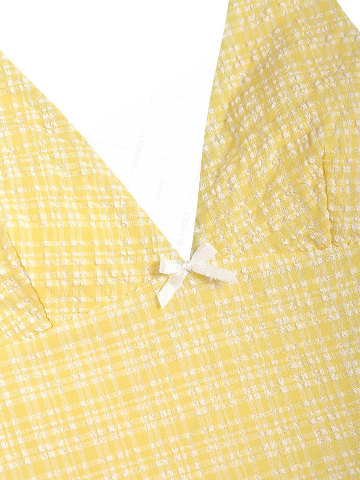 Seamolly Plaid Bowknot Lace Up Back Halter Tankini Set