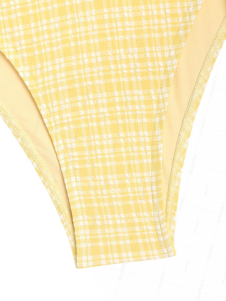 Seamolly Plaid Bowknot Lace Up Back Halter Tankini Set