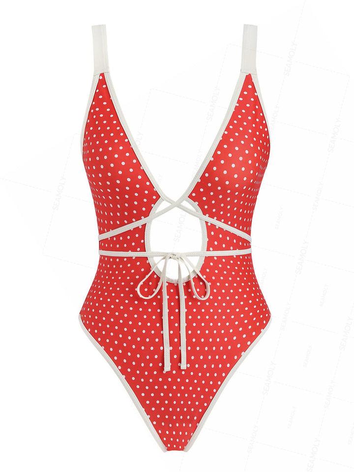 Seamolly 1950s Pin-Up Vintage Polka Dot Tie Around Criss Cross Plunging Neck One-piece Swimsuit