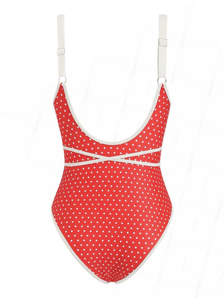 Seamolly 1950s Pin-Up Vintage Polka Dot Tie Around Criss Cross Plunging Neck One-piece Swimsuit
