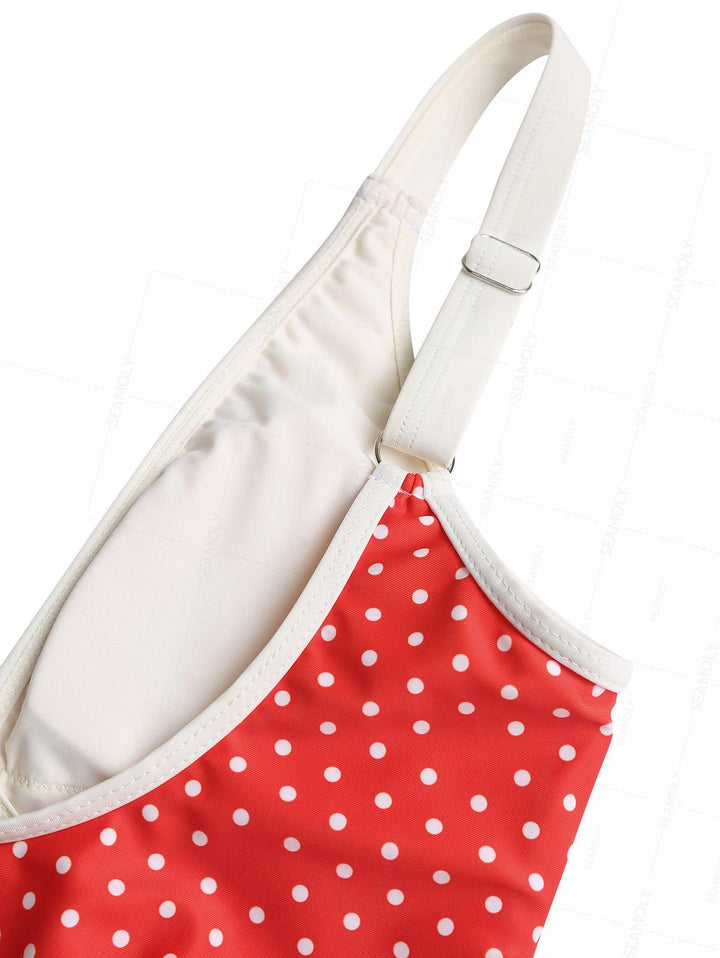 Seamolly 1950s Pin-Up Vintage Polka Dot Tie Around Criss Cross Plunging Neck One-piece Swimsuit