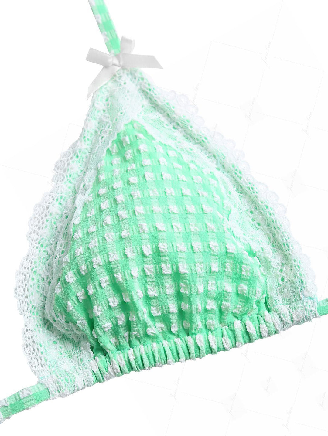 Green Bubble Grid Lace Bowknot Triangle Bikini Set