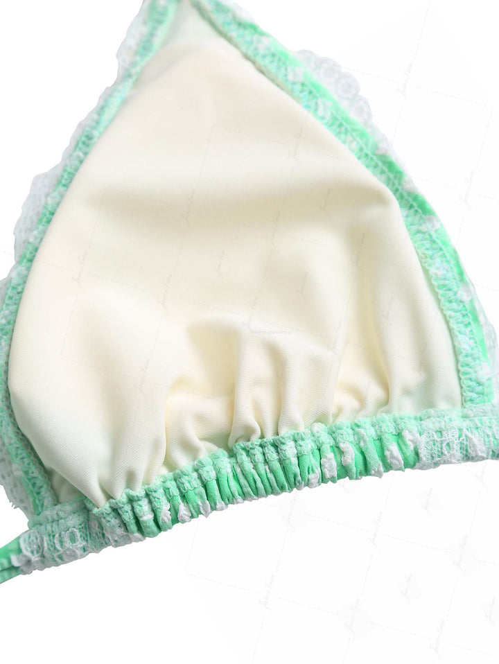 Green Bubble Grid Lace Bowknot Triangle Bikini Set