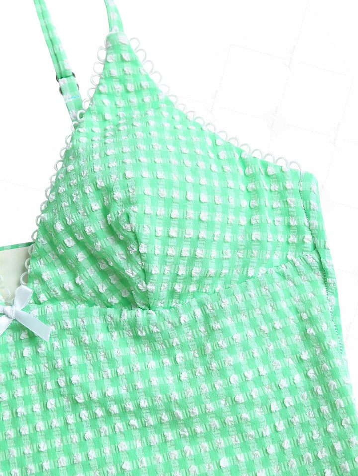 Green Bubble Grid Picot Trim Bowknot Cheeky Boyshorts Tankini Set