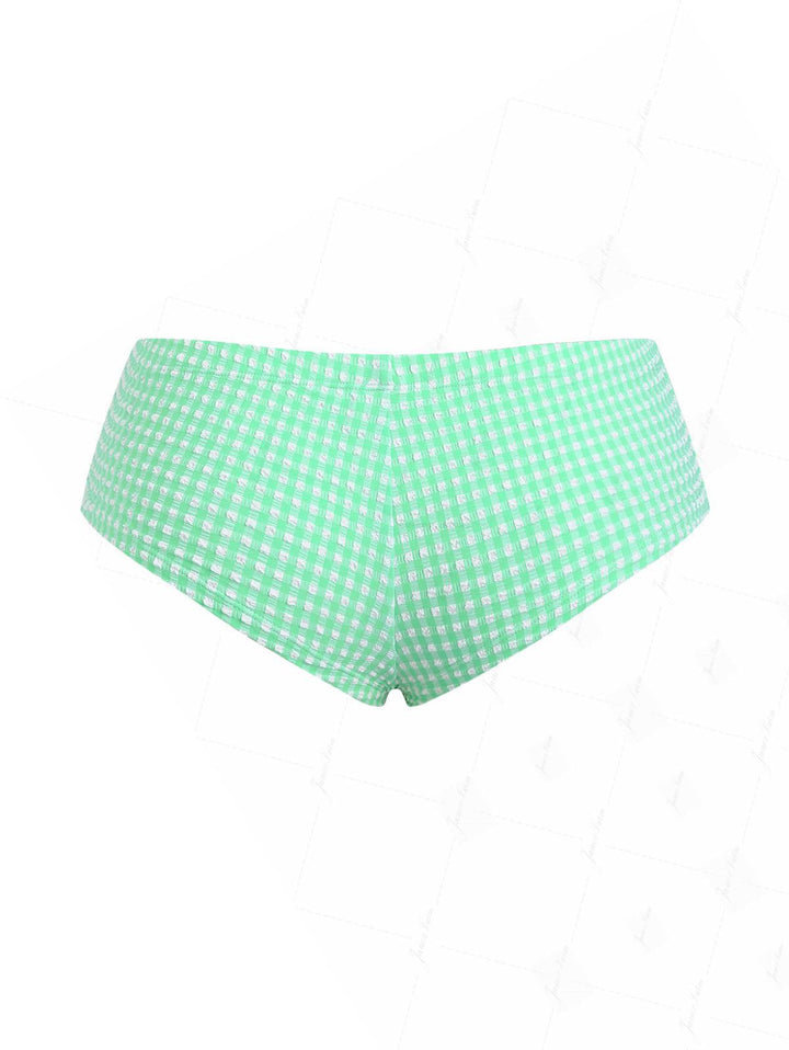 Green Bubble Grid Bowknot Low Rise Bikini Bottom Cheeky Swim Boyshorts