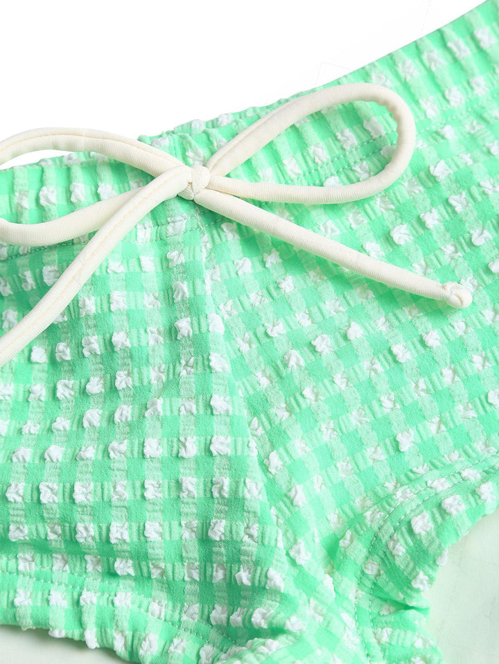 Green Bubble Grid Picot Trim Bowknot Cheeky Boyshorts Tankini Set