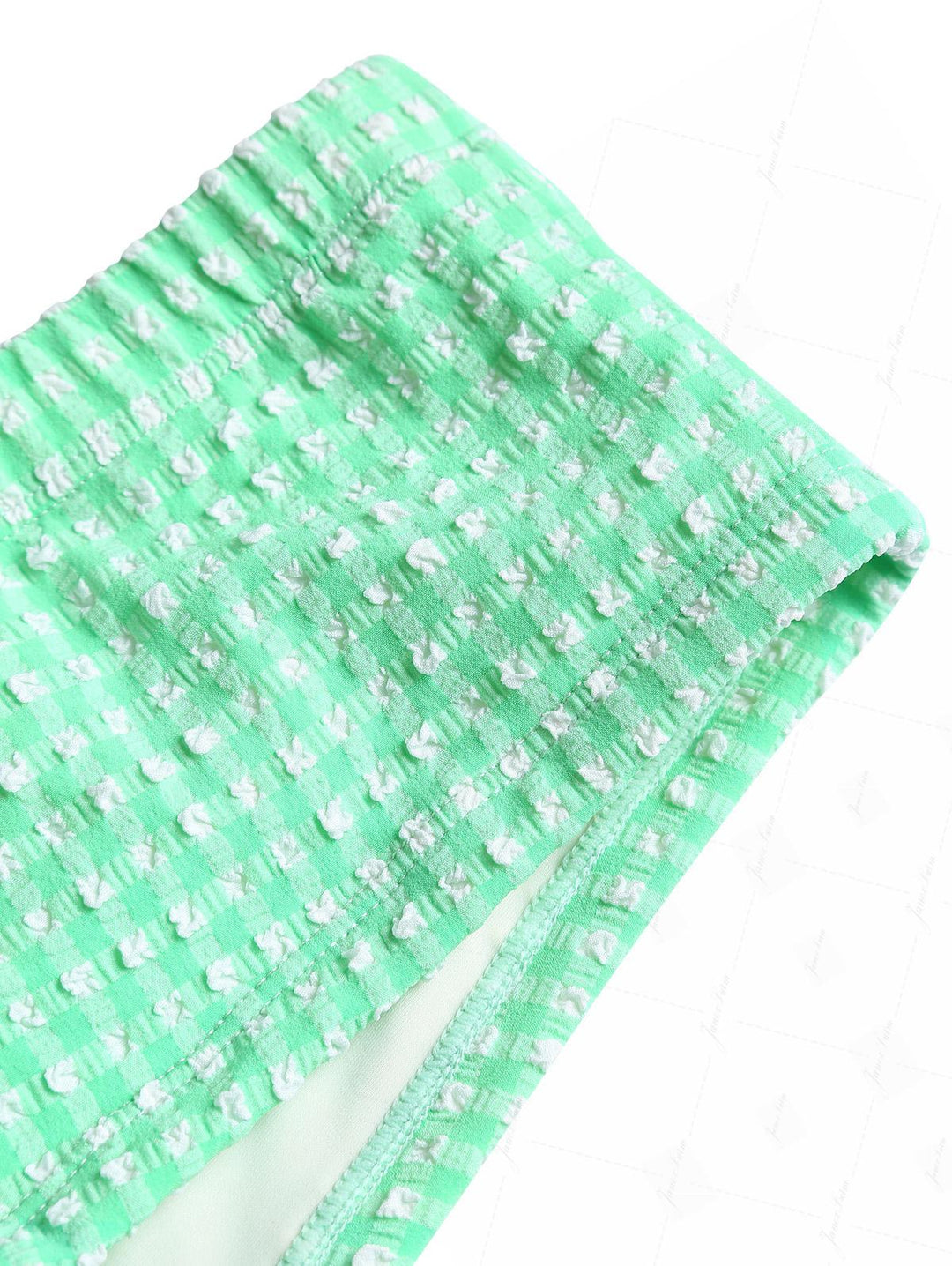Green Bubble Grid Picot Trim Bowknot Cheeky Boyshorts Tankini Set