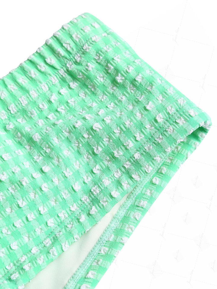 Green Bubble Grid Picot Trim Bowknot Cheeky Boyshorts Tankini Set