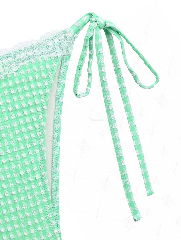 Green Bubble Grid Lace Bowknot Triangle Bikini Set