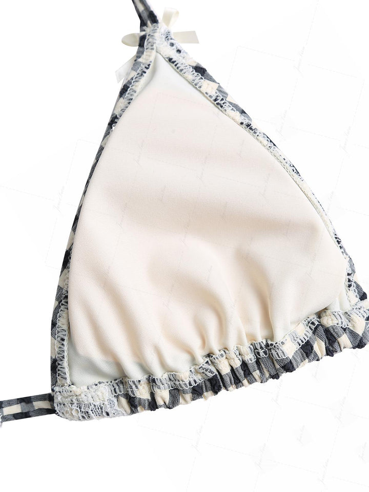 Black Plaid Lace Bowknot Halter Triangle Bikini Top