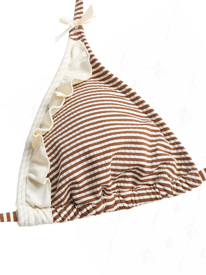 Coffee Striped Frilled Ruffles Bowknot Triangle Cheeky Boyshorts Bikini Set