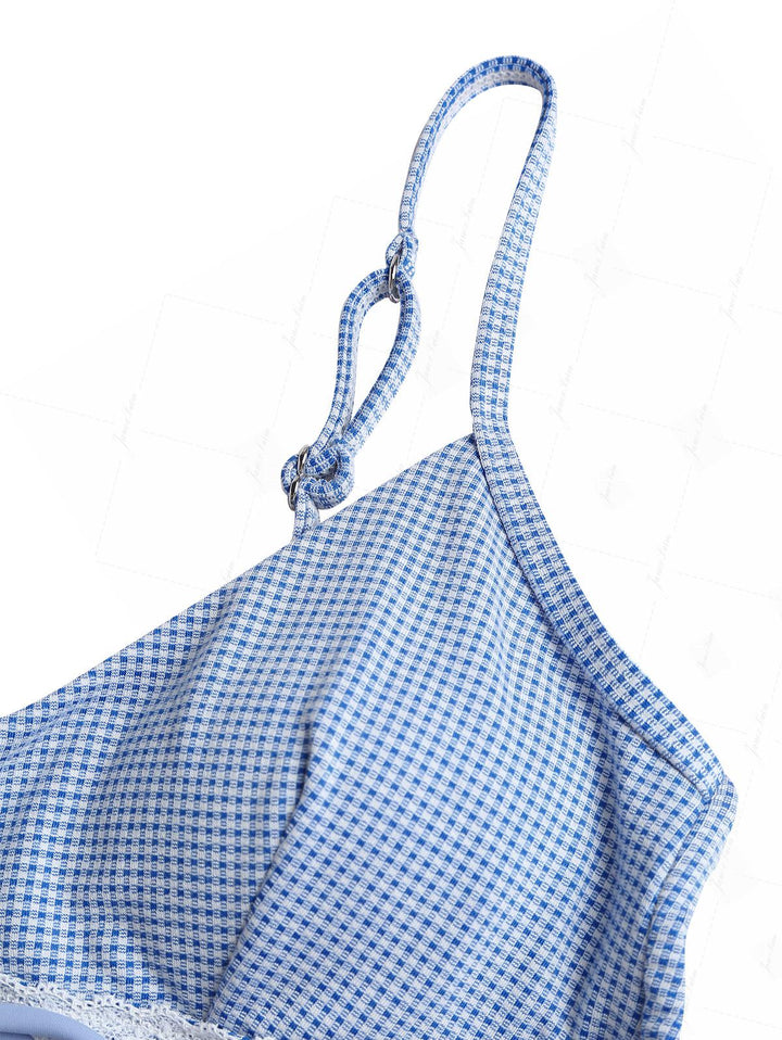 Blue Knitted Plaid Contrast Lace Trim Bowknot Cami Tankini Top