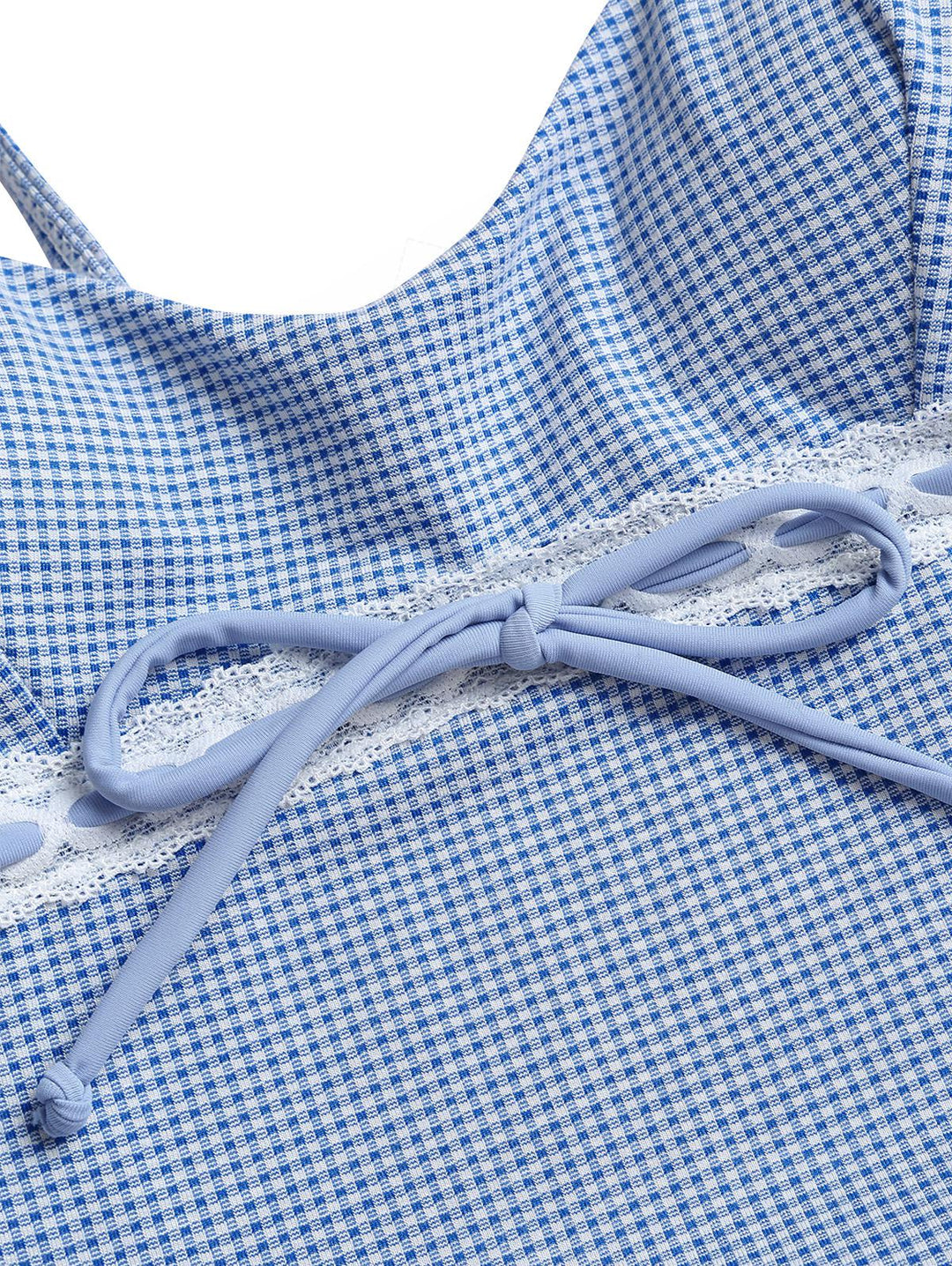 Blue Knitted Plaid Contrast Lace Trim Bowknot Cami Tankini Set