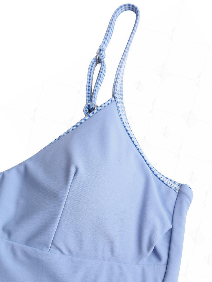 Blue Knitted Plaid Contrast Lace Trim Bowknot Cami Tankini Set