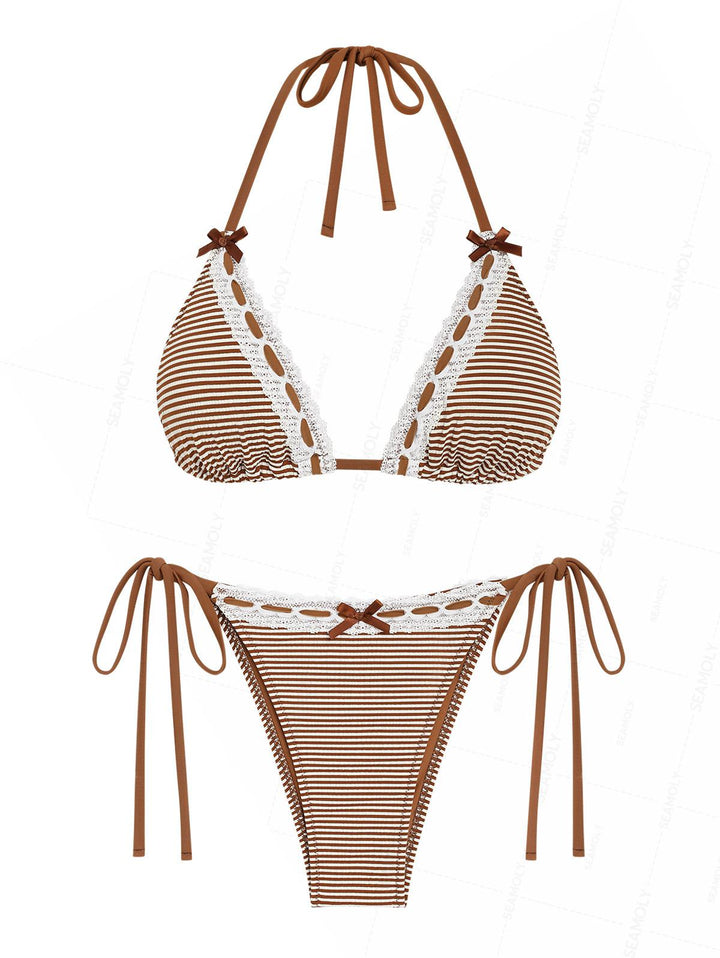 Seamolly Striped Lace Bowknot Halter Triangle Tie Side Bikini Set