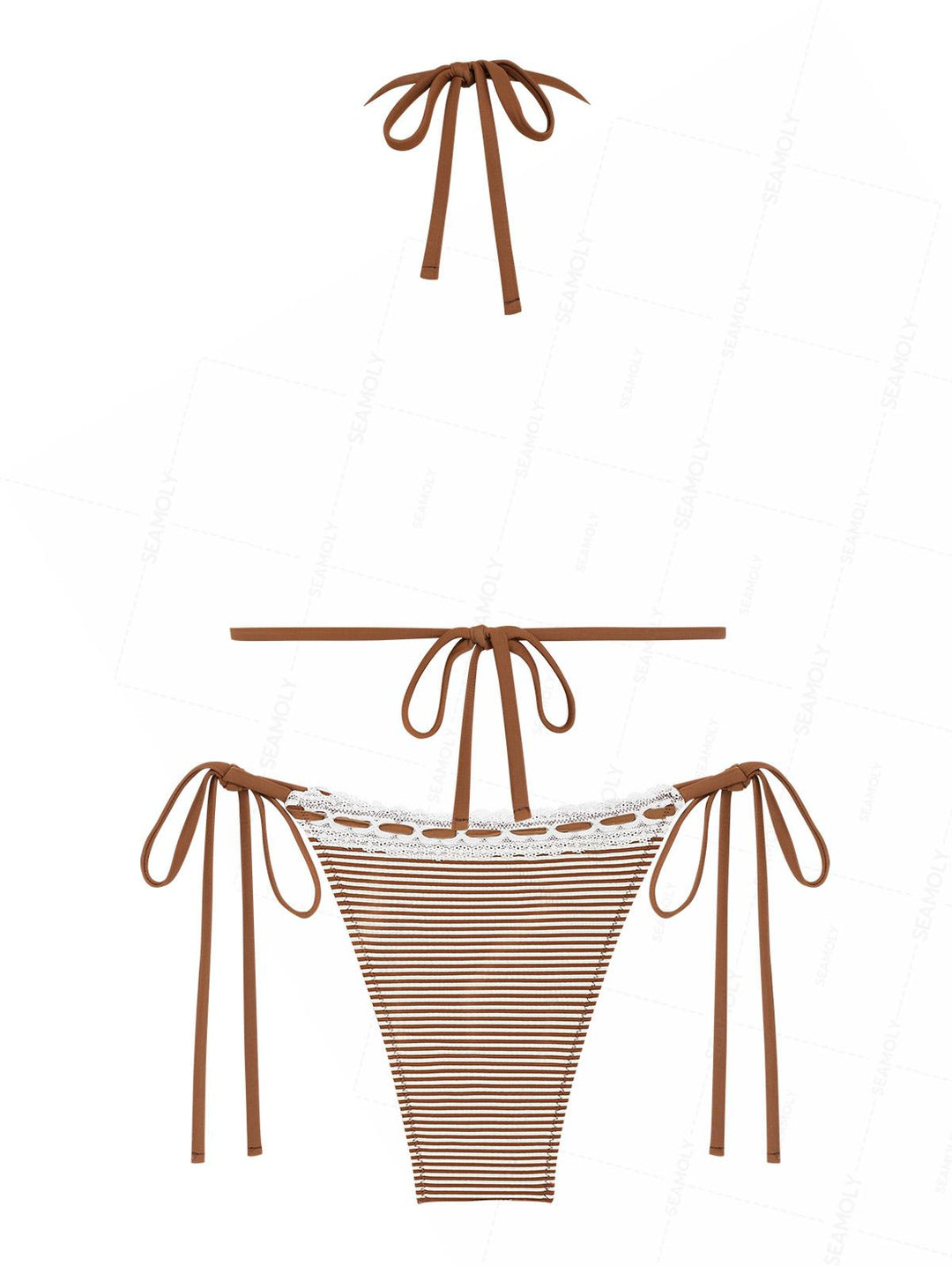 Seamolly Striped Lace Bowknot Halter Triangle Tie Side Bikini Set