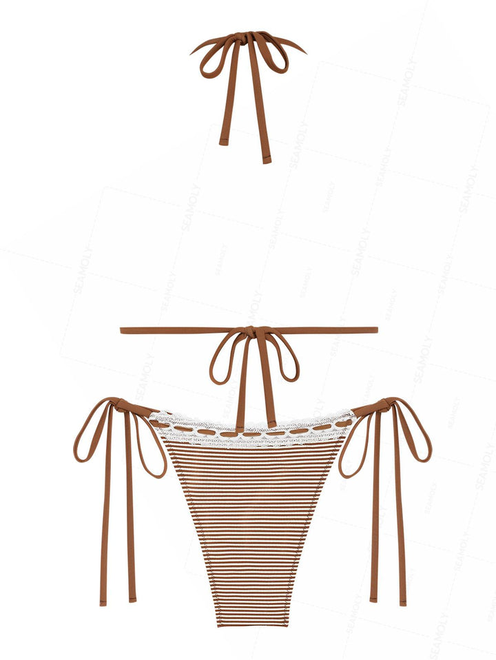 Seamolly Striped Lace Bowknot Halter Triangle Tie Side Bikini Set