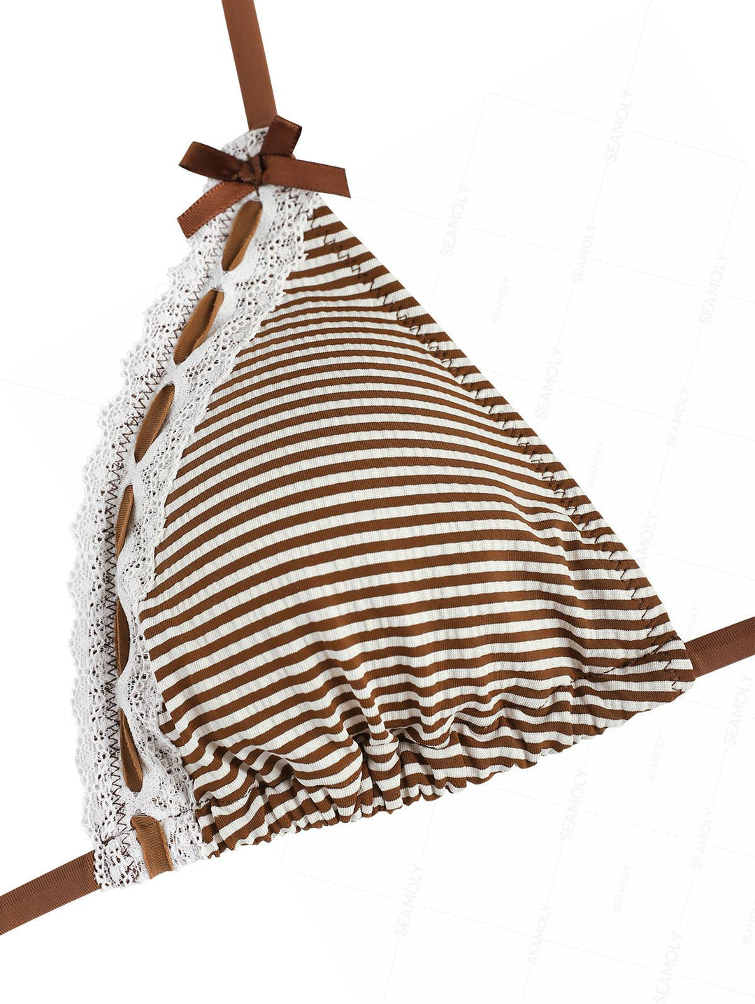 Seamolly Striped Lace Bowknot Halter Triangle Tie Side Bikini Set