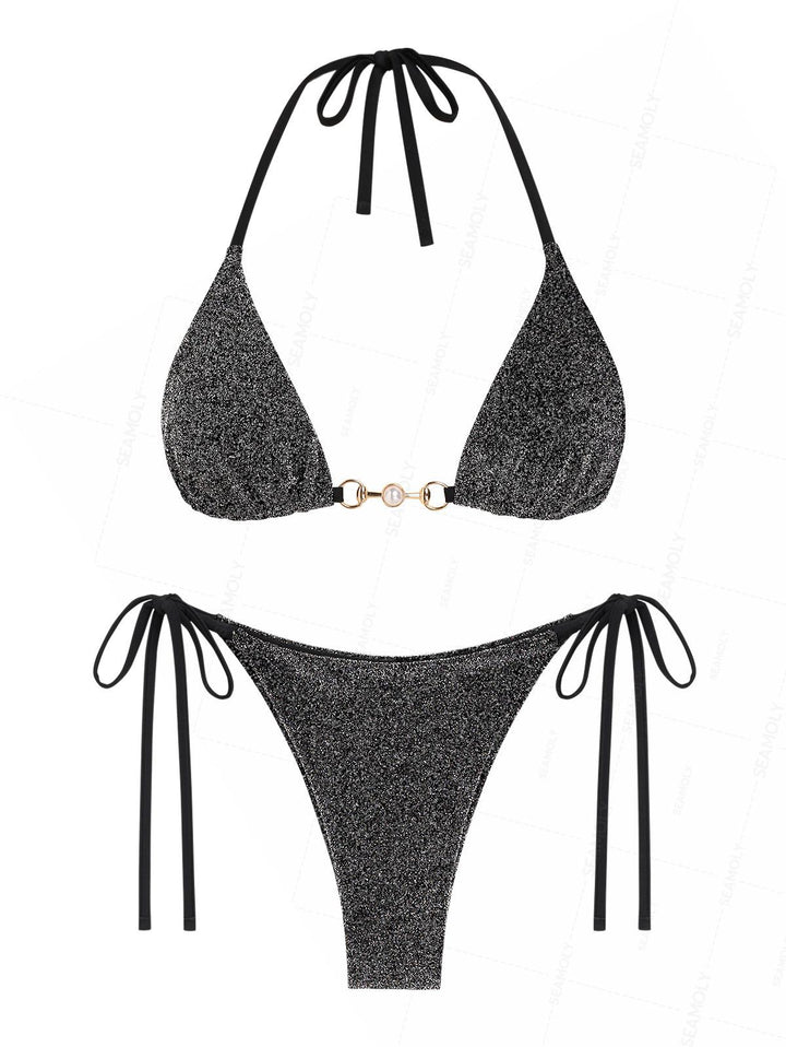 Seamolly Lurex Sparkly Faux Pearl Halter Triangle Tie Side Bikini Set