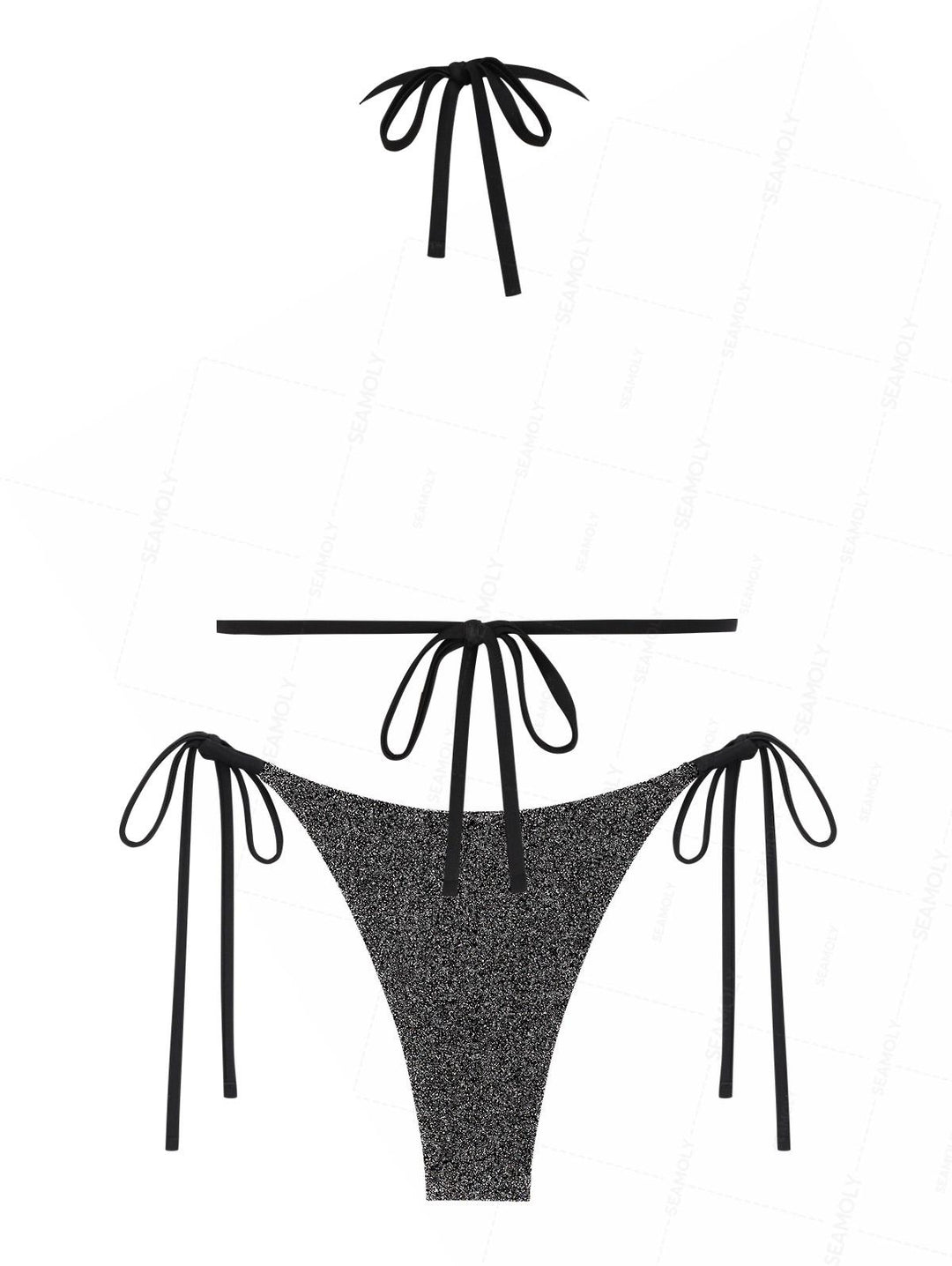 Seamolly Lurex Sparkly Faux Pearl Halter Triangle Tie Side Bikini Set