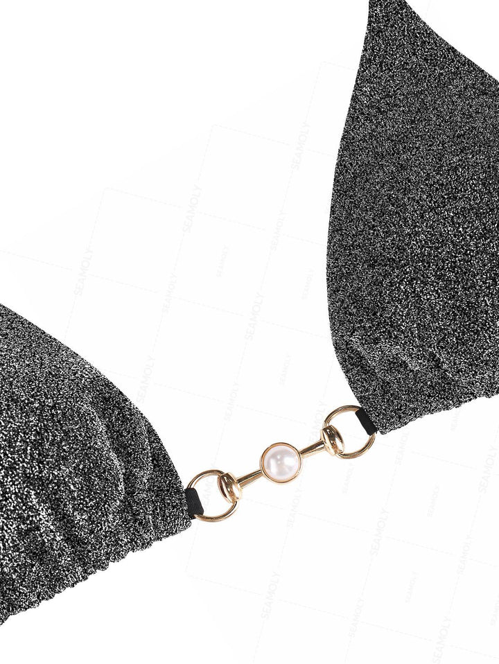 Seamolly Lurex Sparkly Faux Pearl Halter Triangle Tie Side Bikini Set