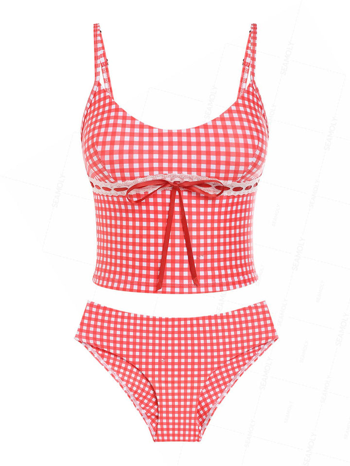 Seamolly Gingham Lace Tank Top & Full Coverage Brazilian Bottom Tankini Set