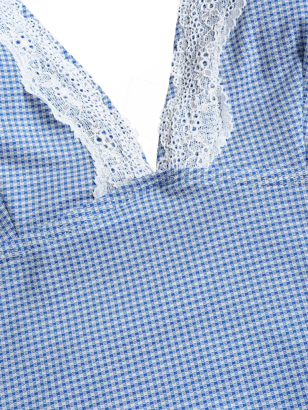 Blue Knitted Plaid Contrast Lace Plunging Neck Halter Tied Tankini Top