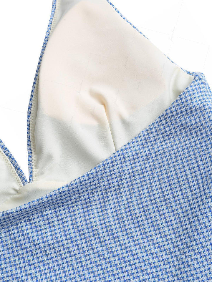 Blue Knitted Plaid Contrast Lace Plunging Neck Halter Tied Tankini Top