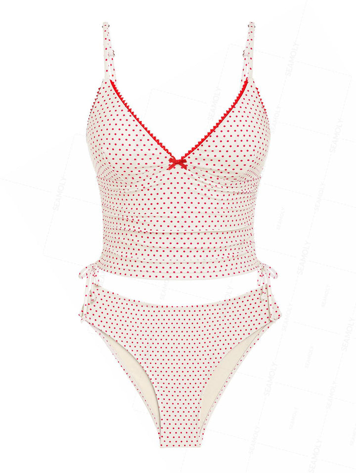 Seamolly Retro Pin-Up Vintage Polka Dot Lace Bowknot Cinched Side Full Coverage Tankini Set