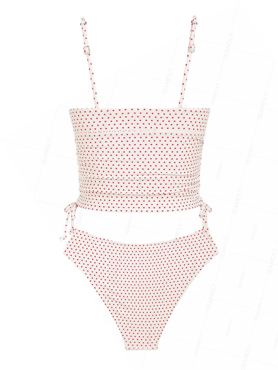 Seamolly Retro Pin-Up Vintage Polka Dot Lace Bowknot Cinched Side Full Coverage Tankini Set