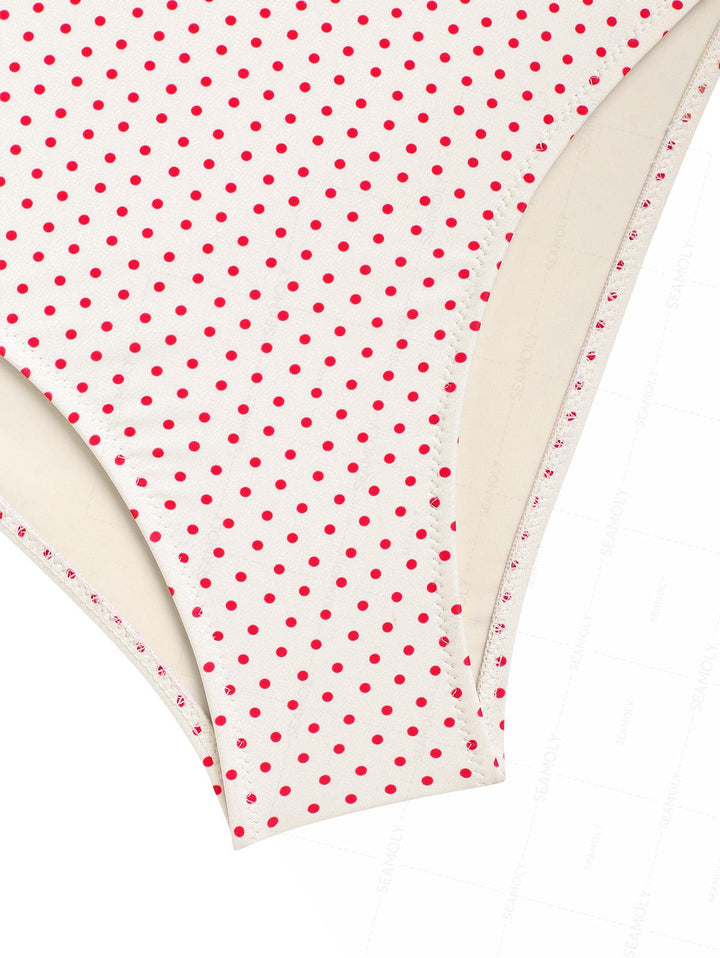 Seamolly Retro Pin-Up Vintage Polka Dot Lace Bowknot Cinched Side Full Coverage Tankini Set