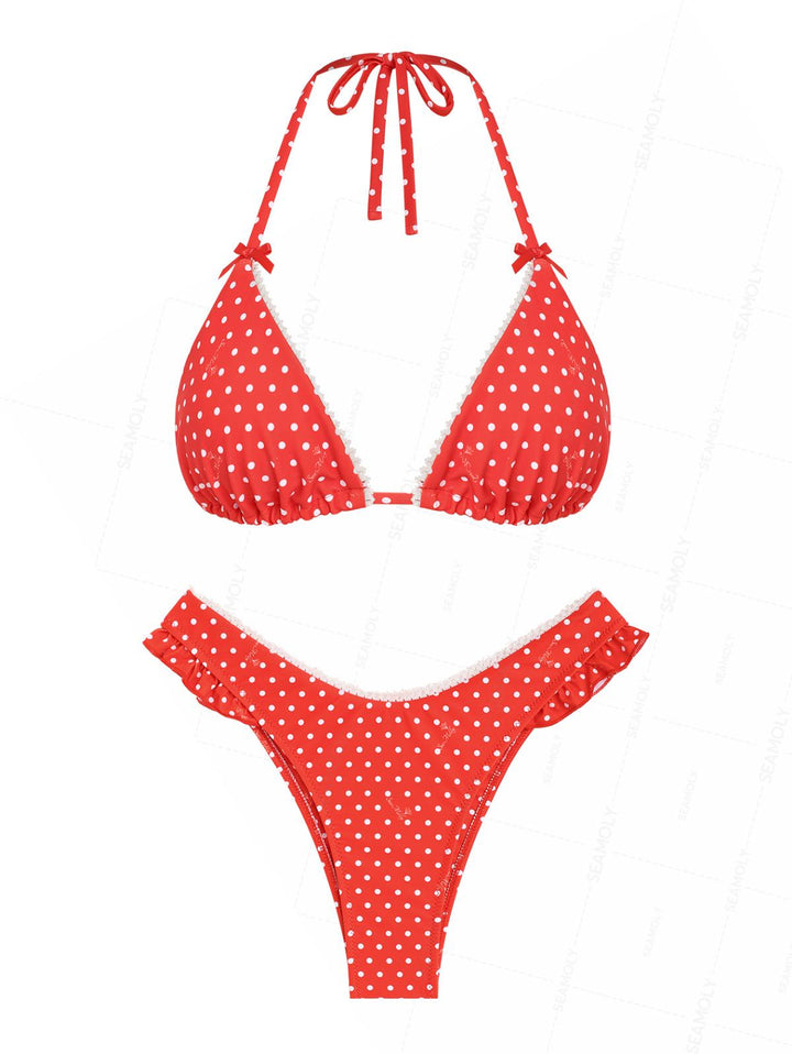 Seamolly Christmas Vintage Polka Dot Lace Bowknot Halter Triangle Bikini Set