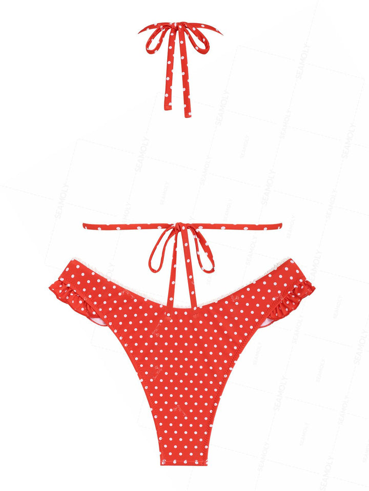 Seamolly Christmas Vintage Polka Dot Lace Bowknot Halter Triangle Bikini Set