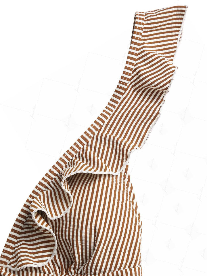 Coffee Striped Ruffles Trim Tied Plunging Neck One-piece Swimsuit
