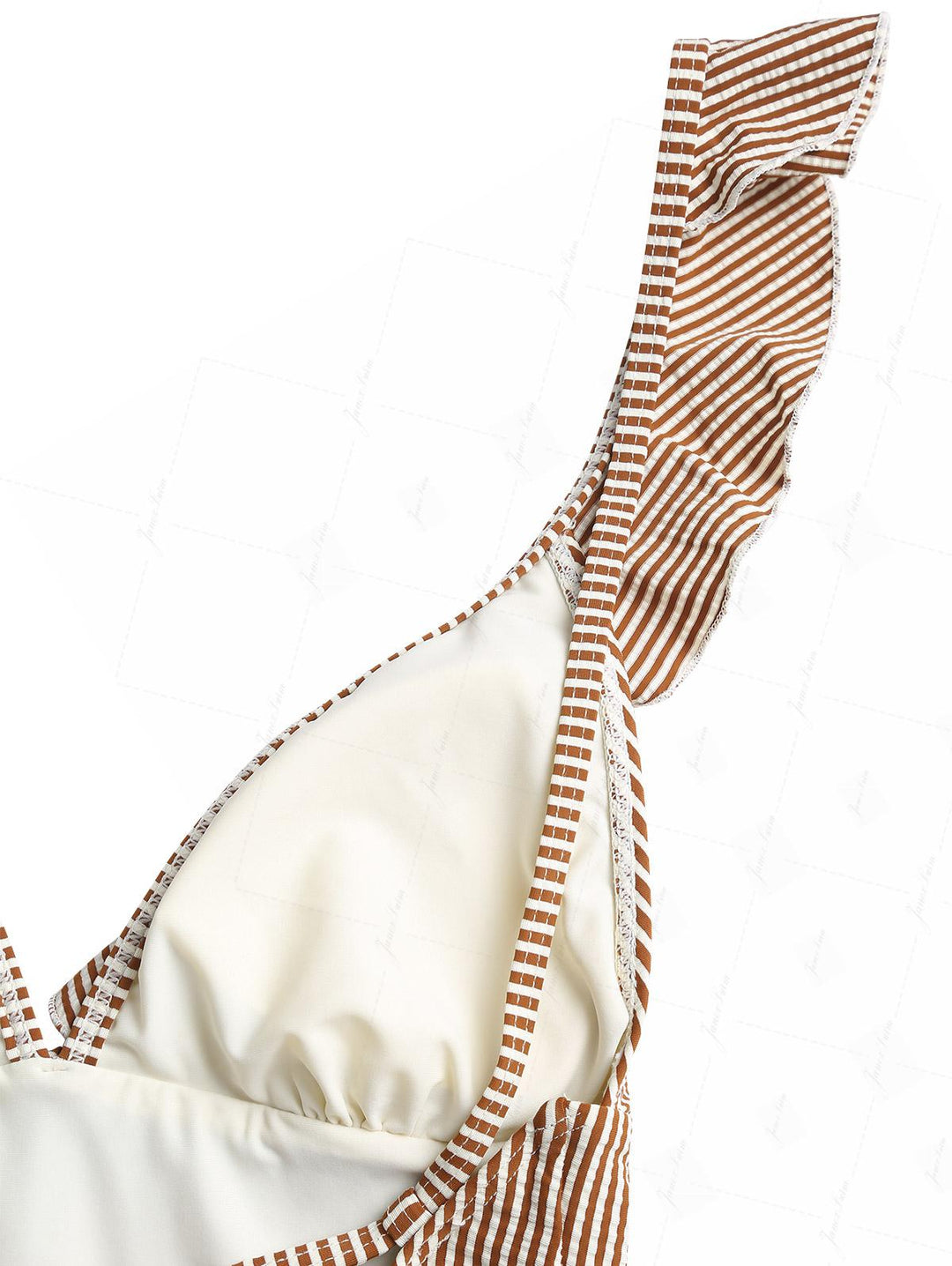 Coffee Striped Ruffles Trim Tied Plunging Neck One-piece Swimsuit