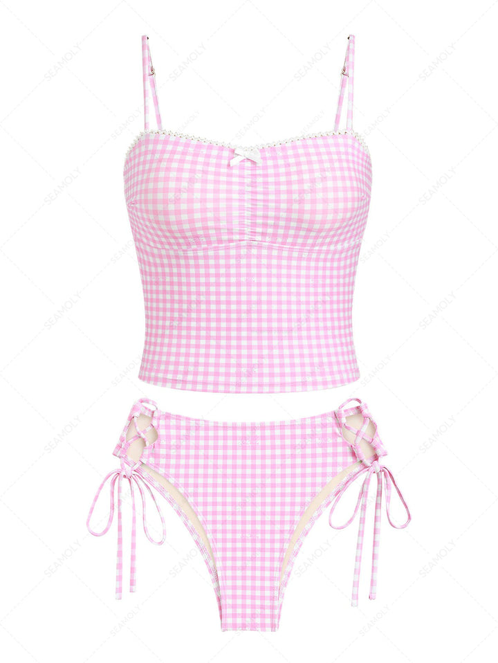 Seamolly Gingham Lace Bowknot Full Coverage Tankini Set
