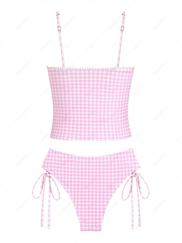 Seamolly Gingham Lace Bowknot Full Coverage Tankini Set