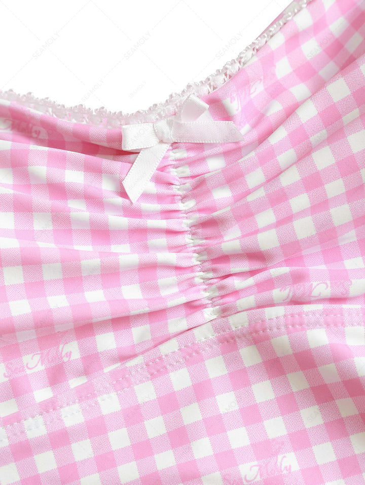 Seamolly Gingham Lace Bowknot Full Coverage Tankini Set