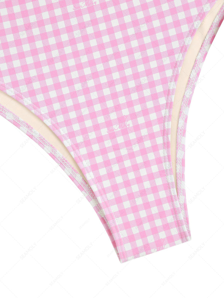 Seamolly Gingham Lace Bowknot Full Coverage Tankini Set