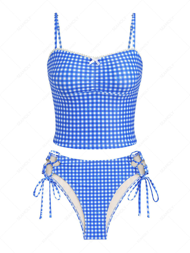 Seamolly Gingham Lace Bowknot Tank Top & Hipster Bottom Tankini Set