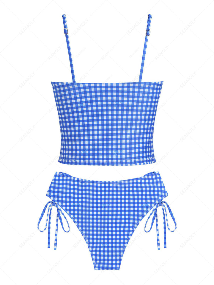 Seamolly Gingham Lace Bowknot Tank Top & Hipster Bottom Tankini Set