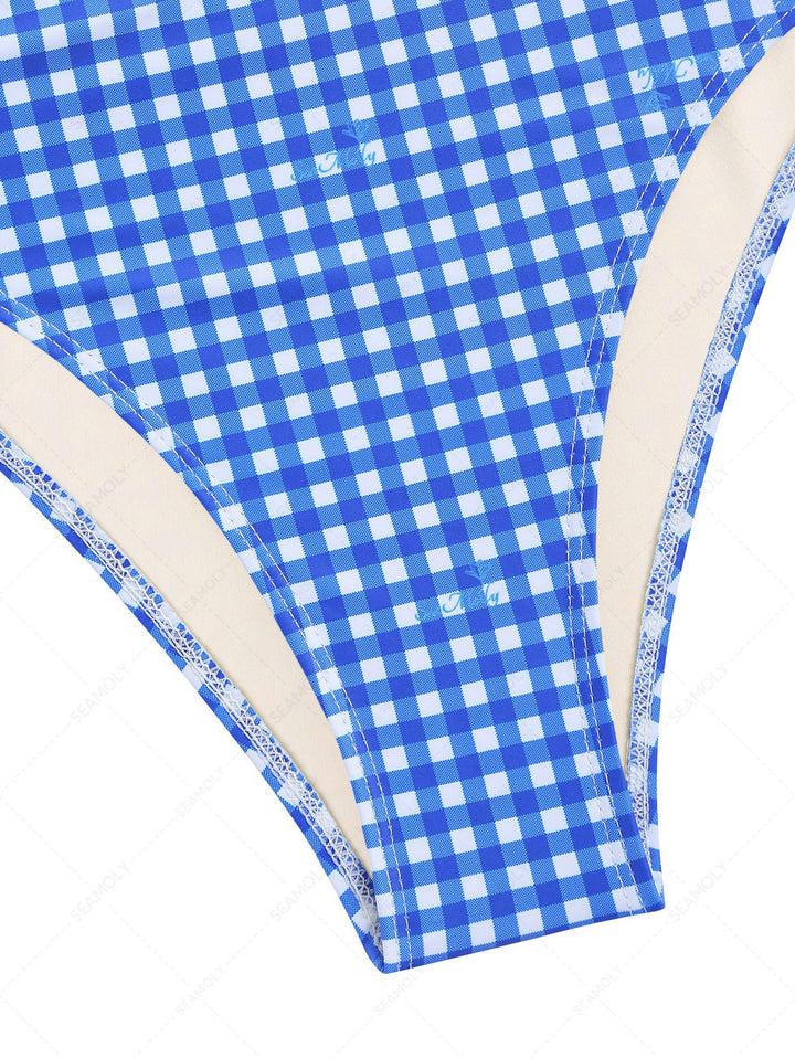 Seamolly Gingham Lace Bowknot Tank Top & Hipster Bottom Tankini Set