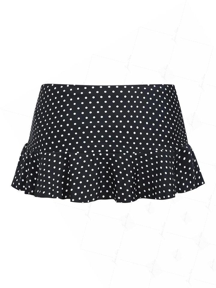 Vintage Black Polka Dot Low Rise Ruffles Swim Skirted Bottom