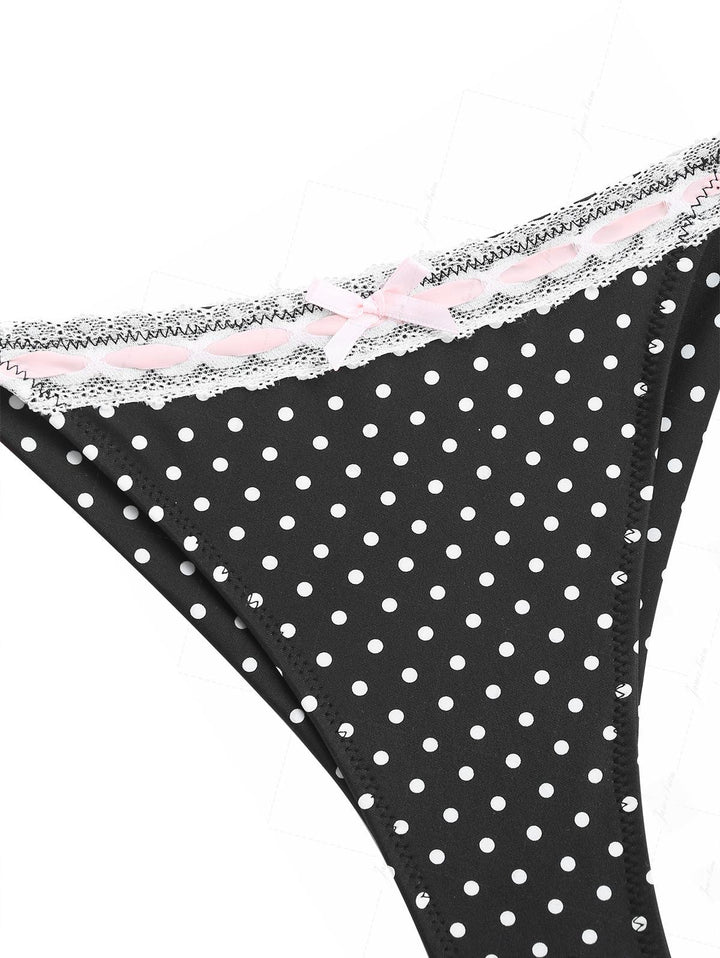 Vintage Black Polka Dot Lace Bowknot Brazilian Bikini Bottom