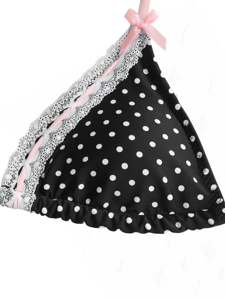 Janex Vintage Black Polka Dot Lace Bowknot Triangle Top & Cheeky Brazilian Bottom Bikini Set