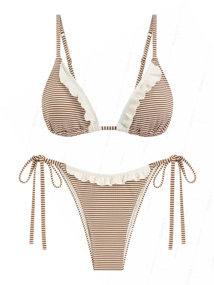 Seamolly Striped Frilled Ruffles Triangle Tie Side Bikini Set