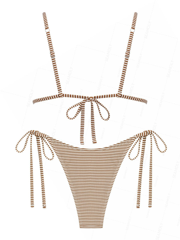 Seamolly Striped Frilled Ruffles Triangle Tie Side Bikini Set